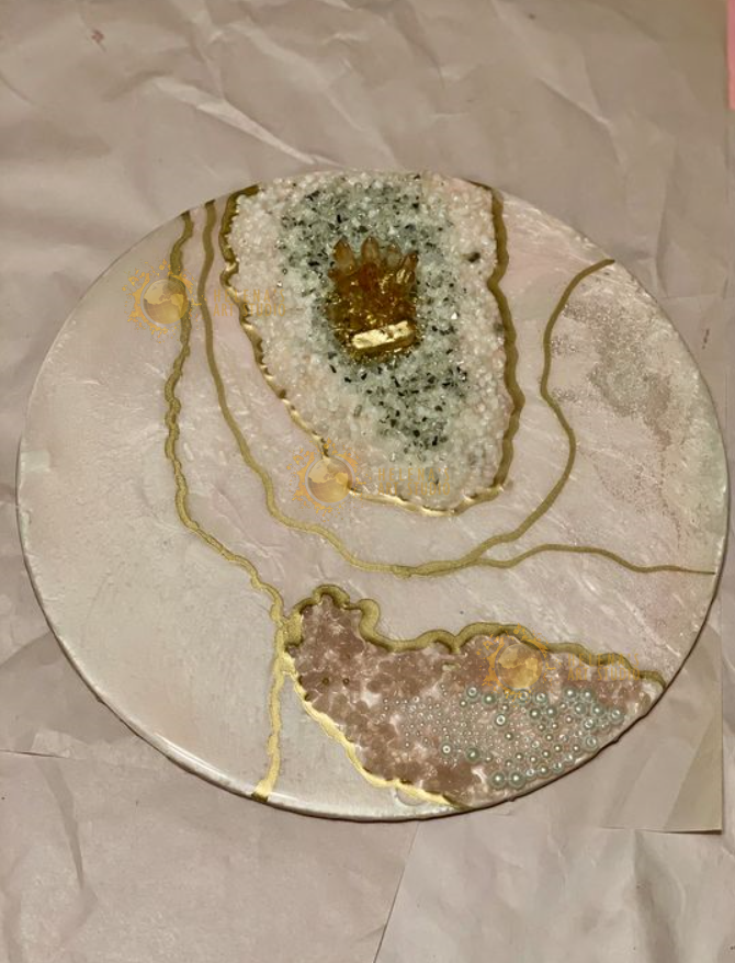 pink, white and gold geode painting